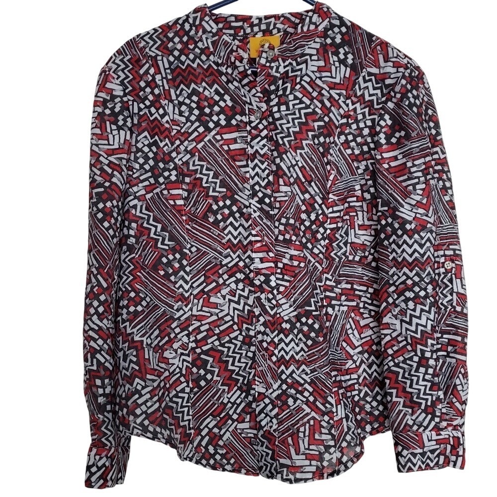 Ruby Rd.‎ Blouse Sheer Mixed Media Geometric Black Red White Button 14P